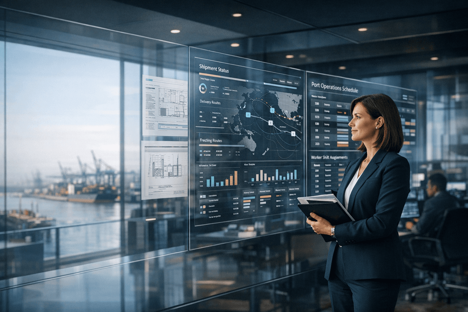 Operations leader reviewing unified AI workflow dashboards for logistics, port operations, and brokerage workflows.