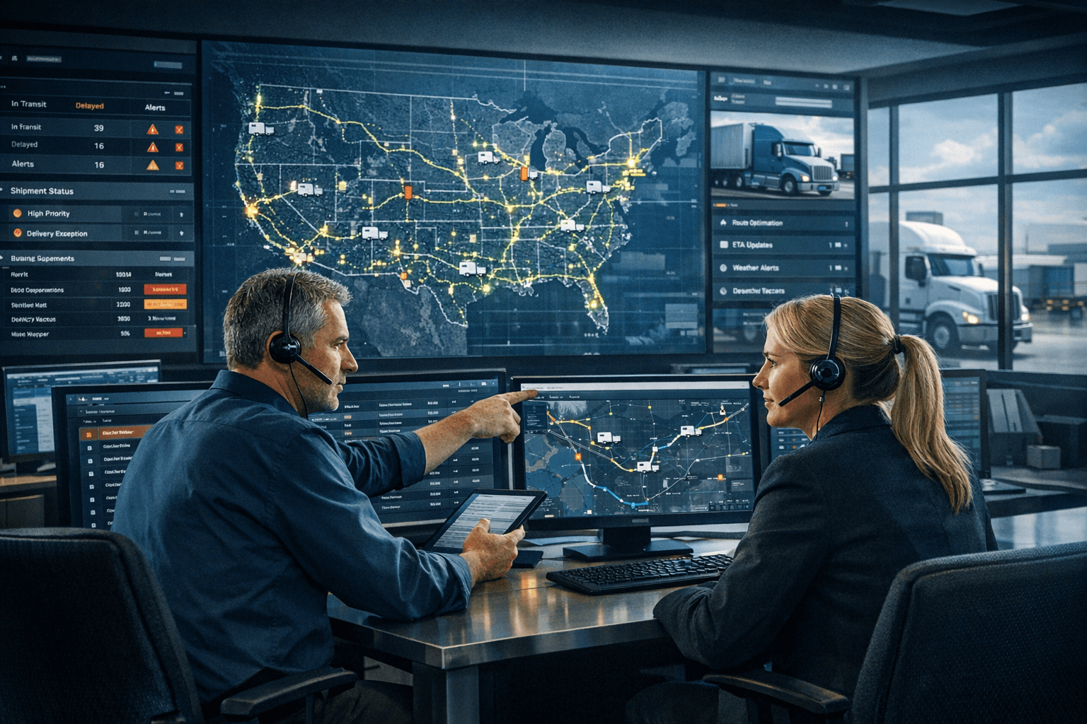 Transport and logistics operations team monitoring dispatch, route intelligence, and workforce scheduling across wall-mounted dashboards.