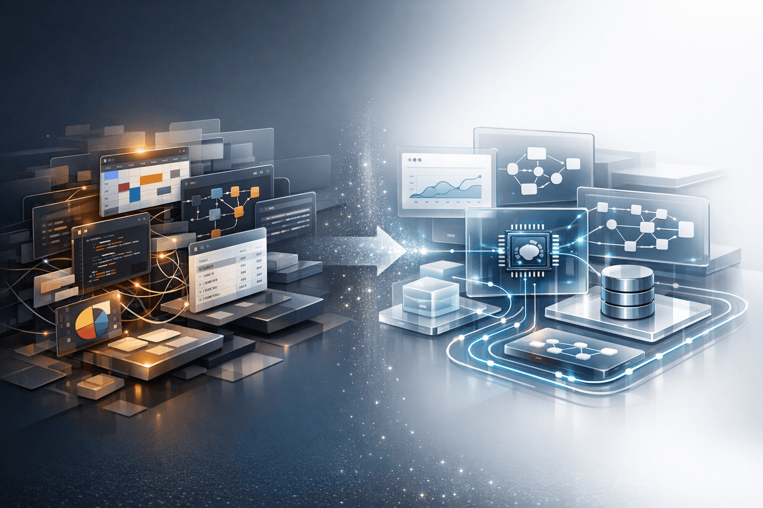 Legacy low-code application boxes transforming into a modern AI-native architecture.