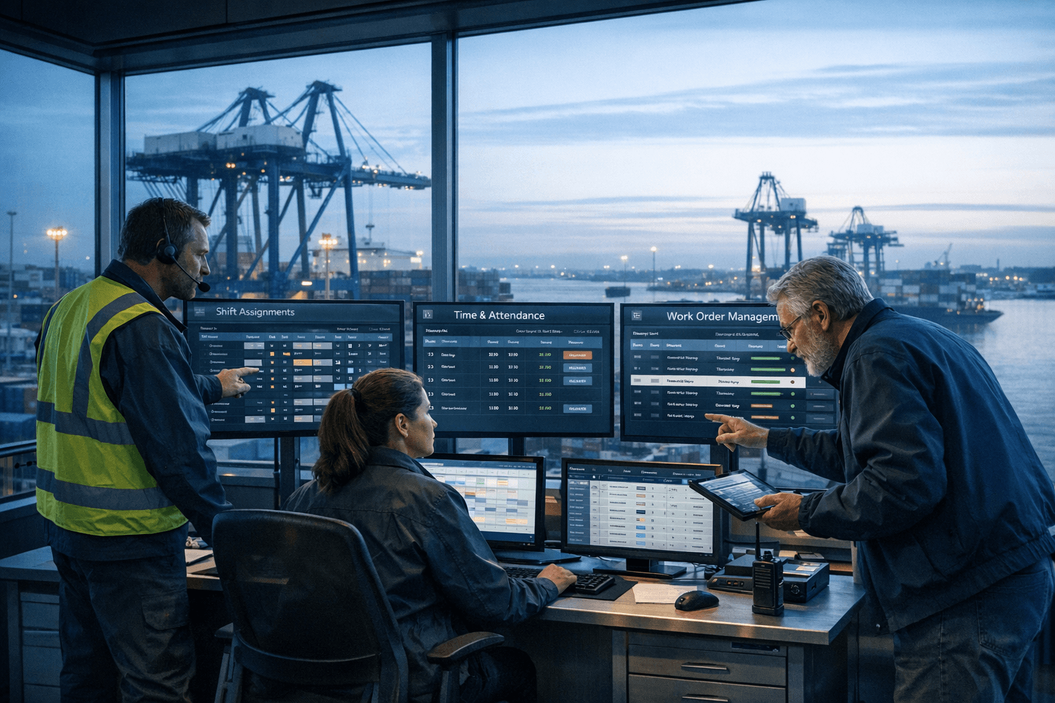 Dispatch automation control room with end-to-end workflow visualization across multiple monitors.