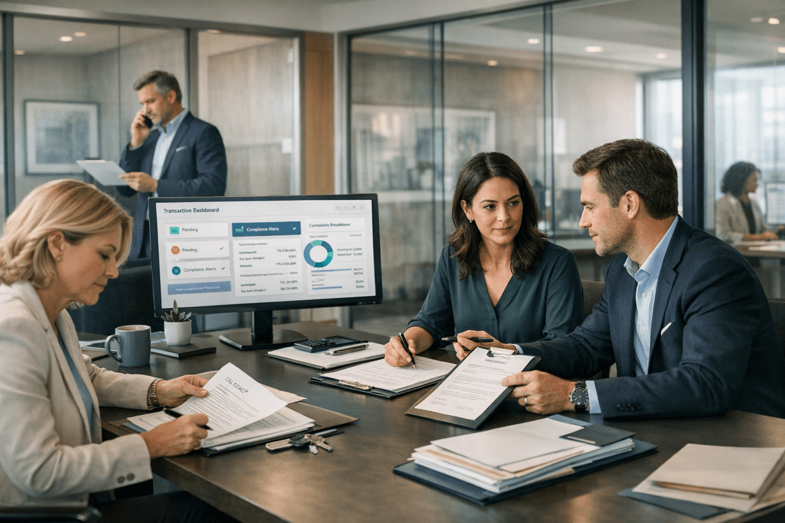 Real estate operations team reviewing transaction dashboards, contracts, and compliance documents in a modern office.